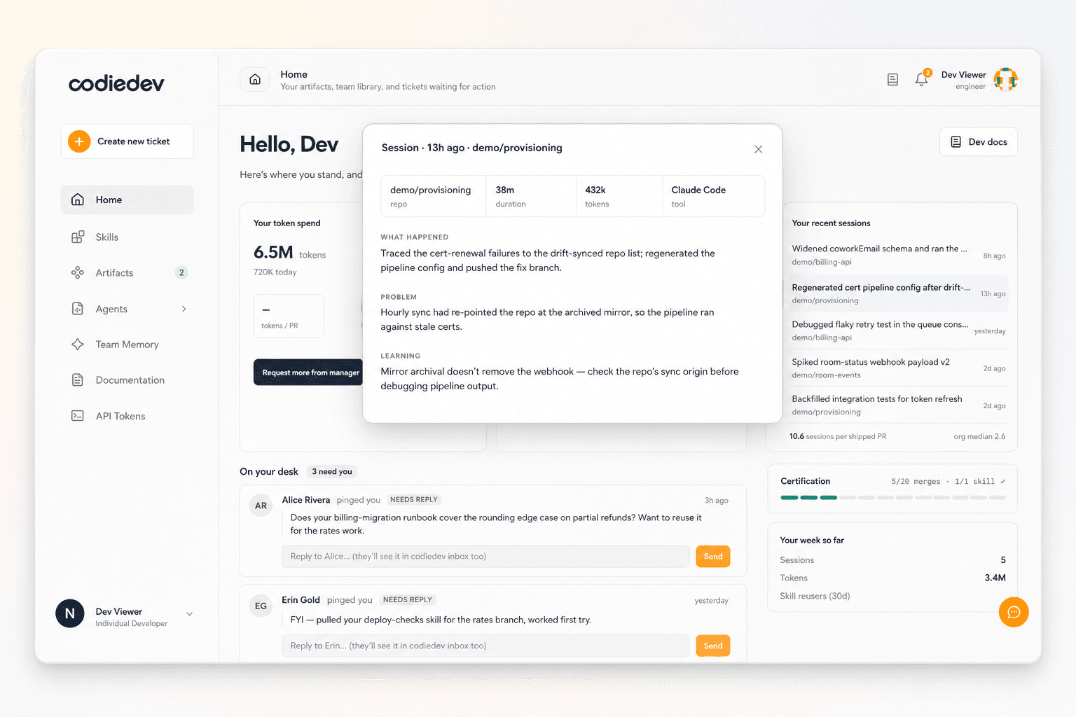 Codie individual developer home with a session summary modal open over recent AI coding sessions.