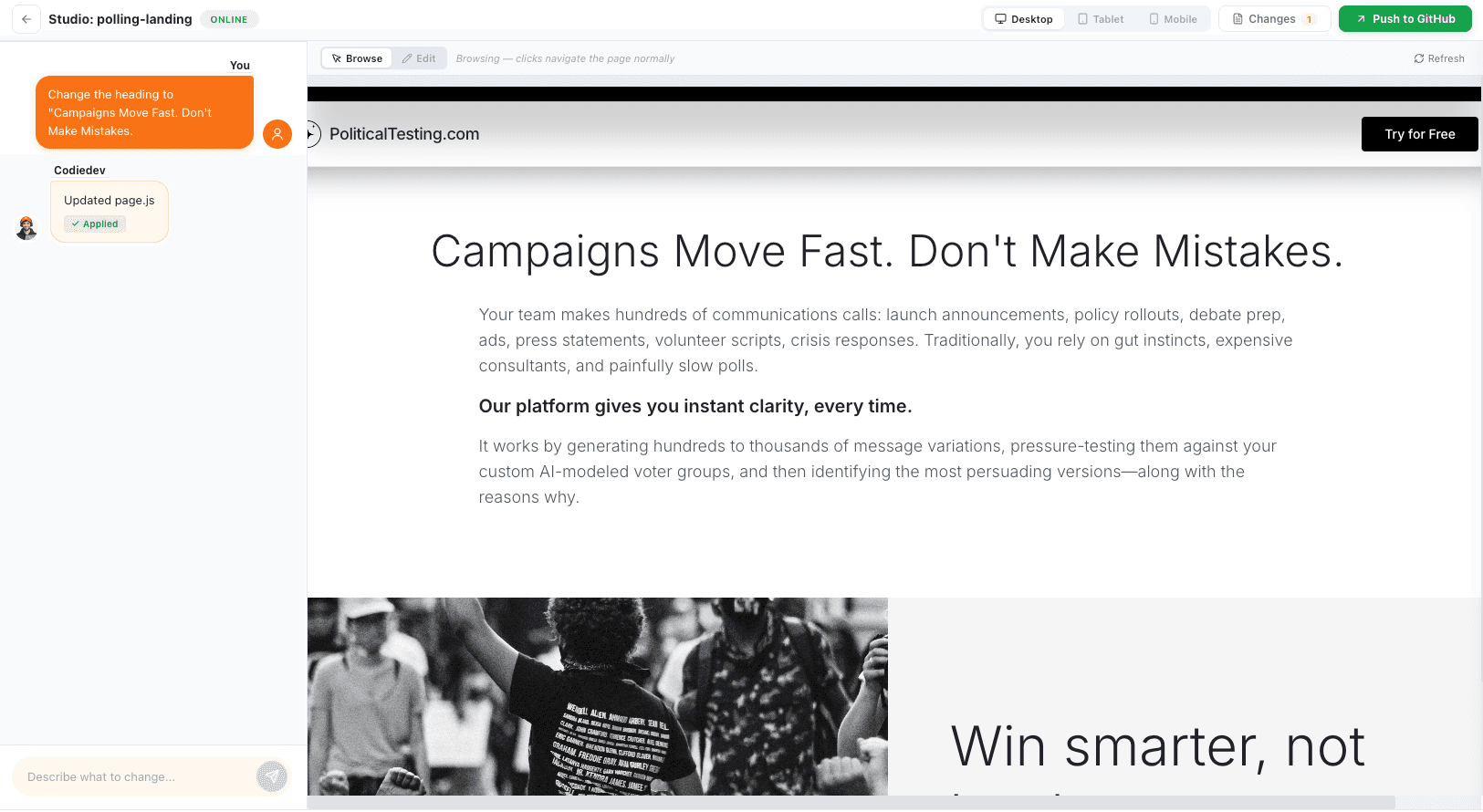 Codiedev Studio interface showing visual editing with AI chat