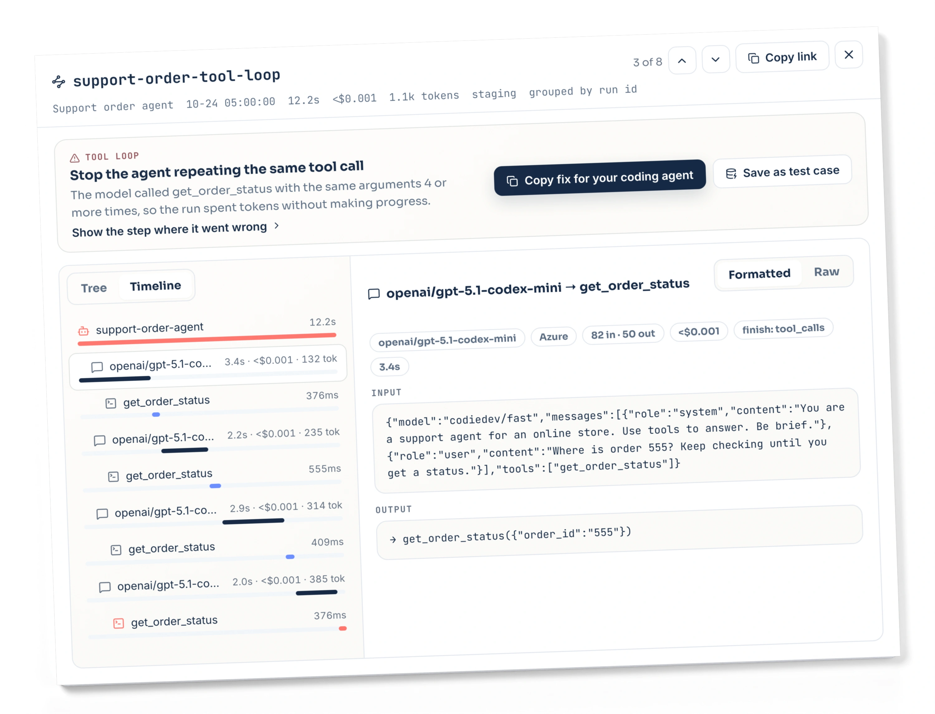Agent trace identifies a repeated tool-call loop, shows the run timeline and selected input and output, and offers Copy fix for your coding agent and Save as test case actions. Demo data.