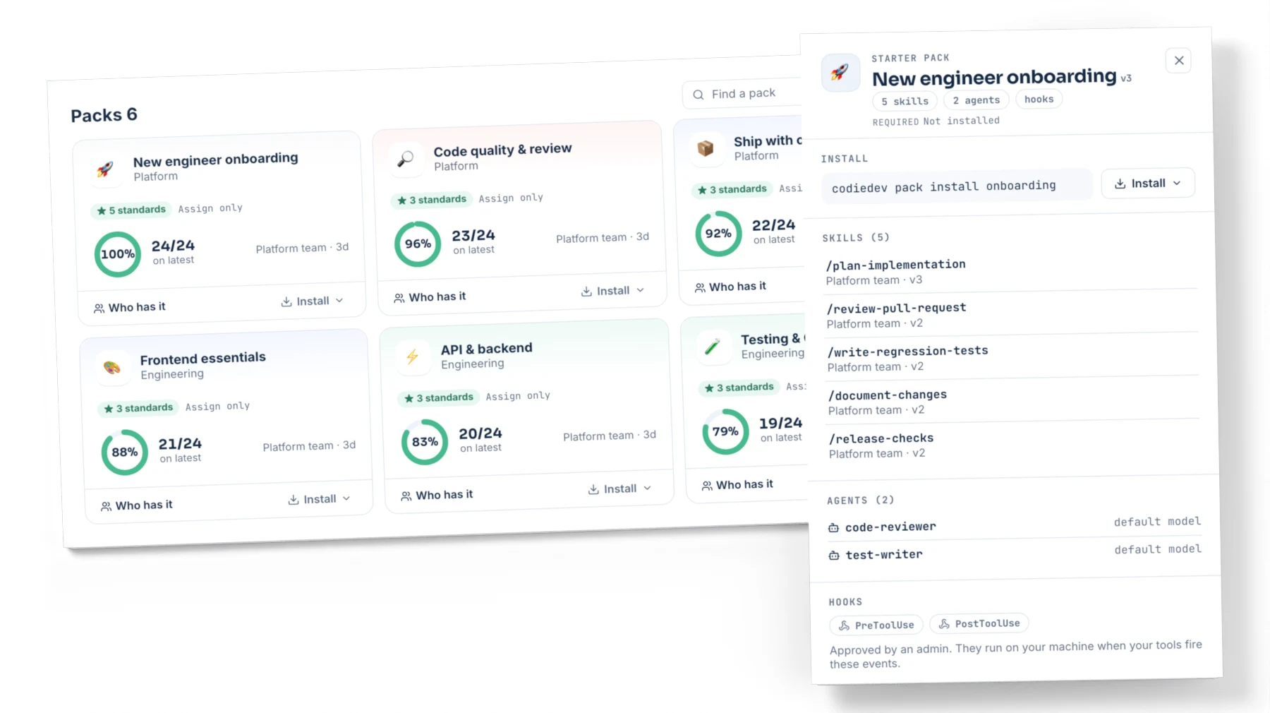 Starter-pack gallery with New engineer onboarding expanded to show five skills, two specialist agents, security hooks and a one-command install. Demo data.